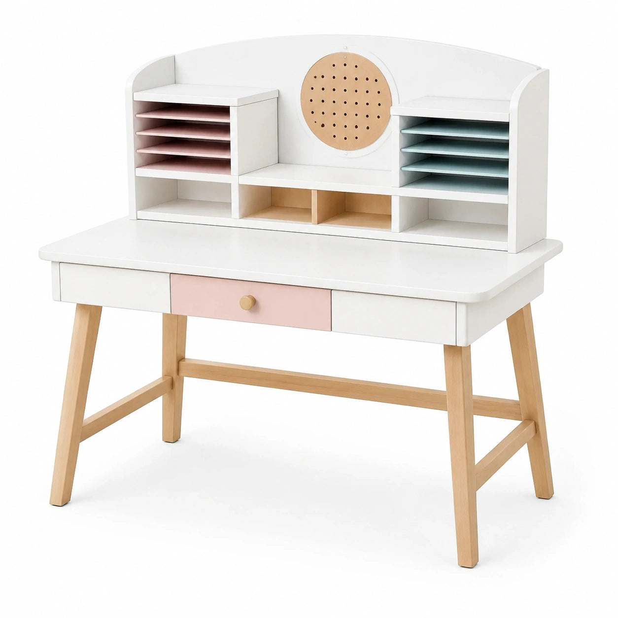 Bureau enfant avec rangements, tiroir et étagères, 100 x 60 x 112 cm, blanc, rose poudré, bleu pastel et bois naturel