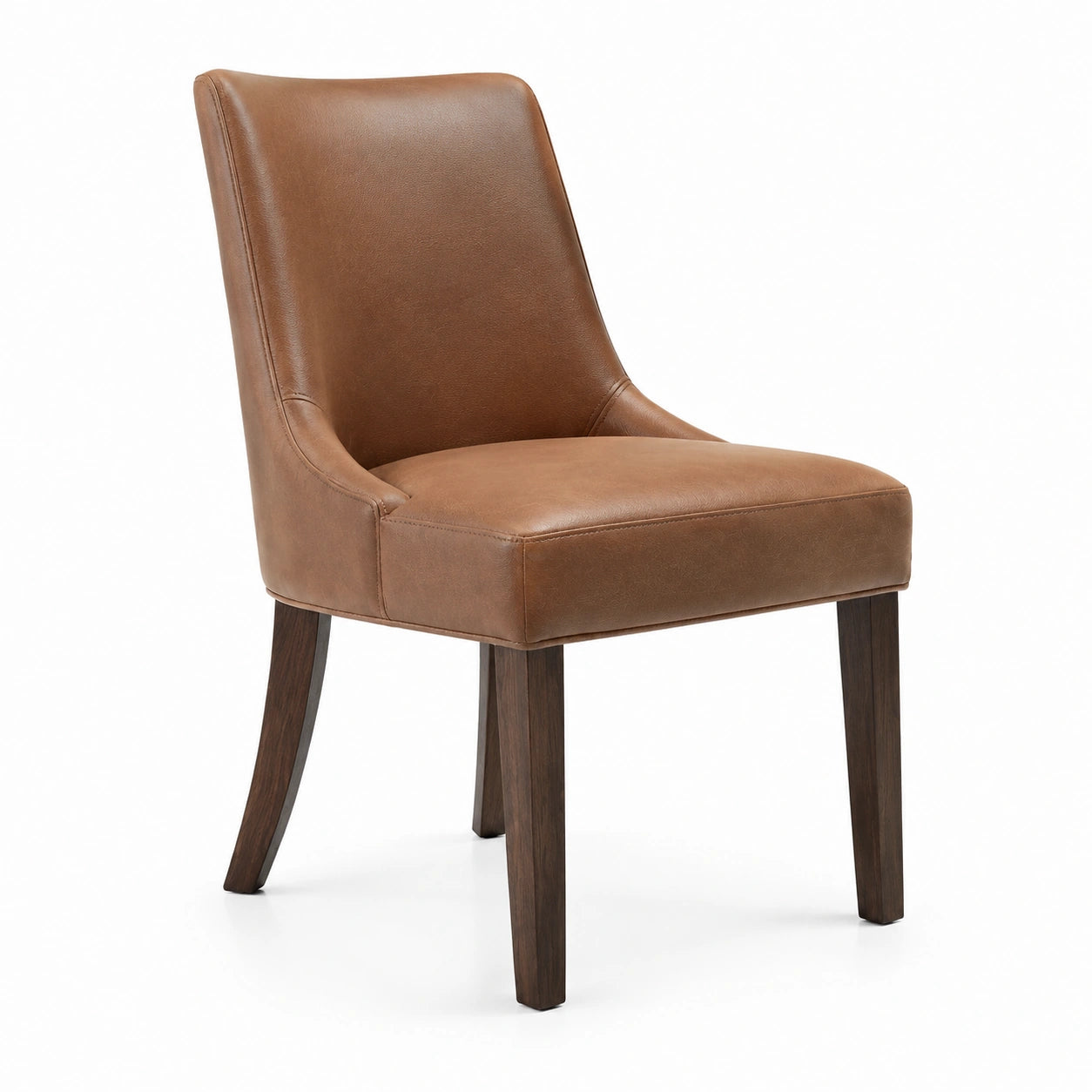 Chaise contemporaine 57 x 65 x 86 cm, revêtement aspect cuir camel et pieds en bois marron foncé