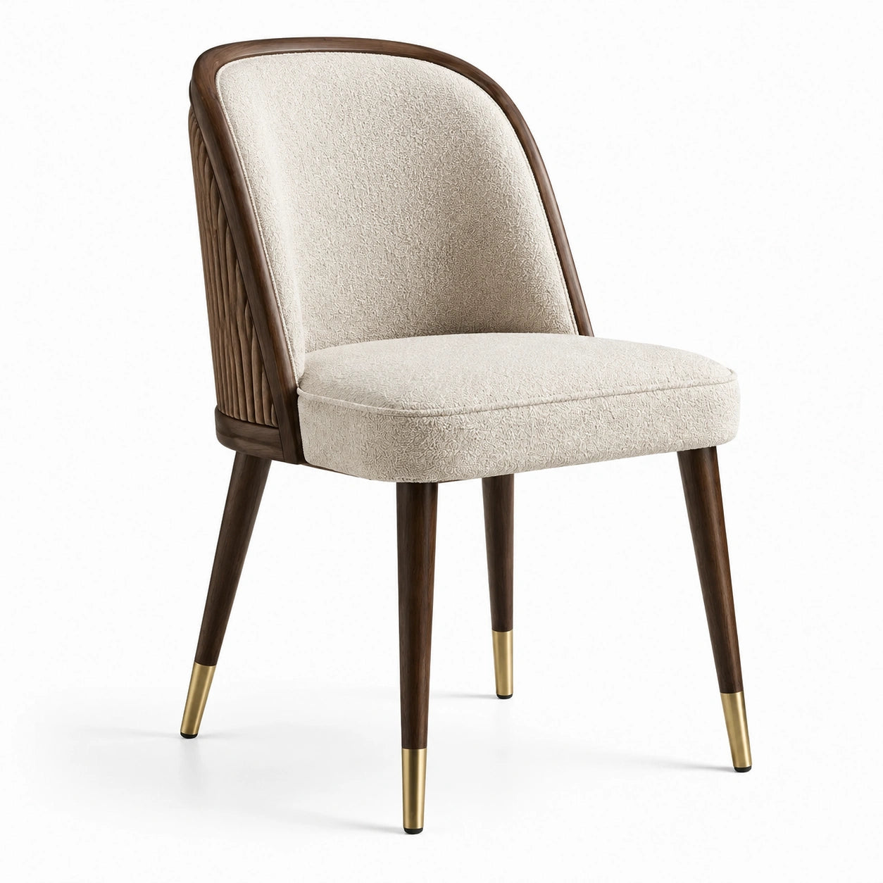 Chaise de salle à manger en tissu bouclé écru et bois marron avec détails dorés, 56 x 62 x 85 cm