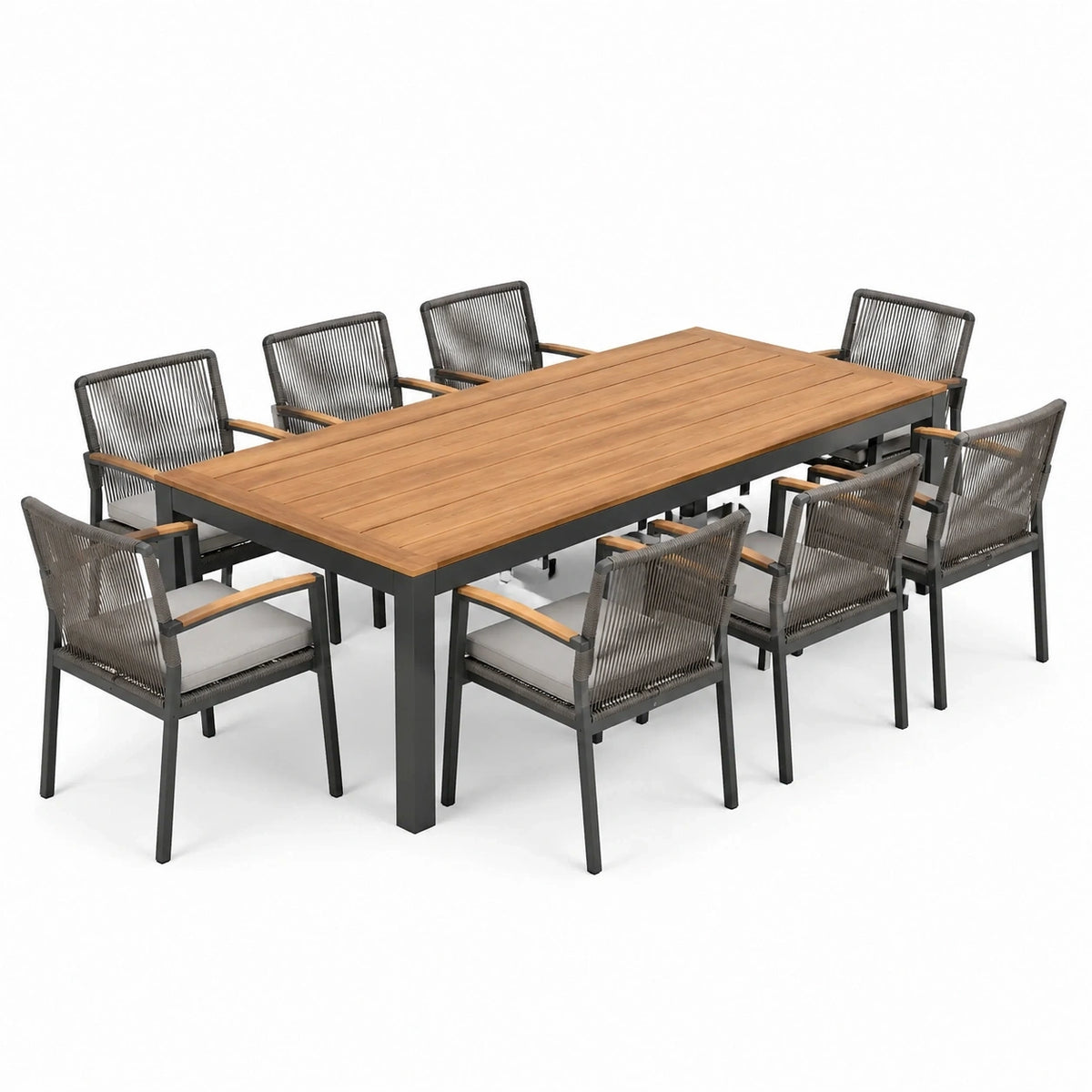 Ensemble repas de jardin 9 pièces, table 220 x 100 x 75 cm et 8 fauteuils 58 x 62 x 88 cm, naturel, noir, gris et gris clair
