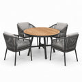 Ensemble repas de jardin 5 pièces avec table ronde 120 x 75 cm et 4 fauteuils 61 x 63 x 83 cm, bois naturel, gris anthracite et gris clair