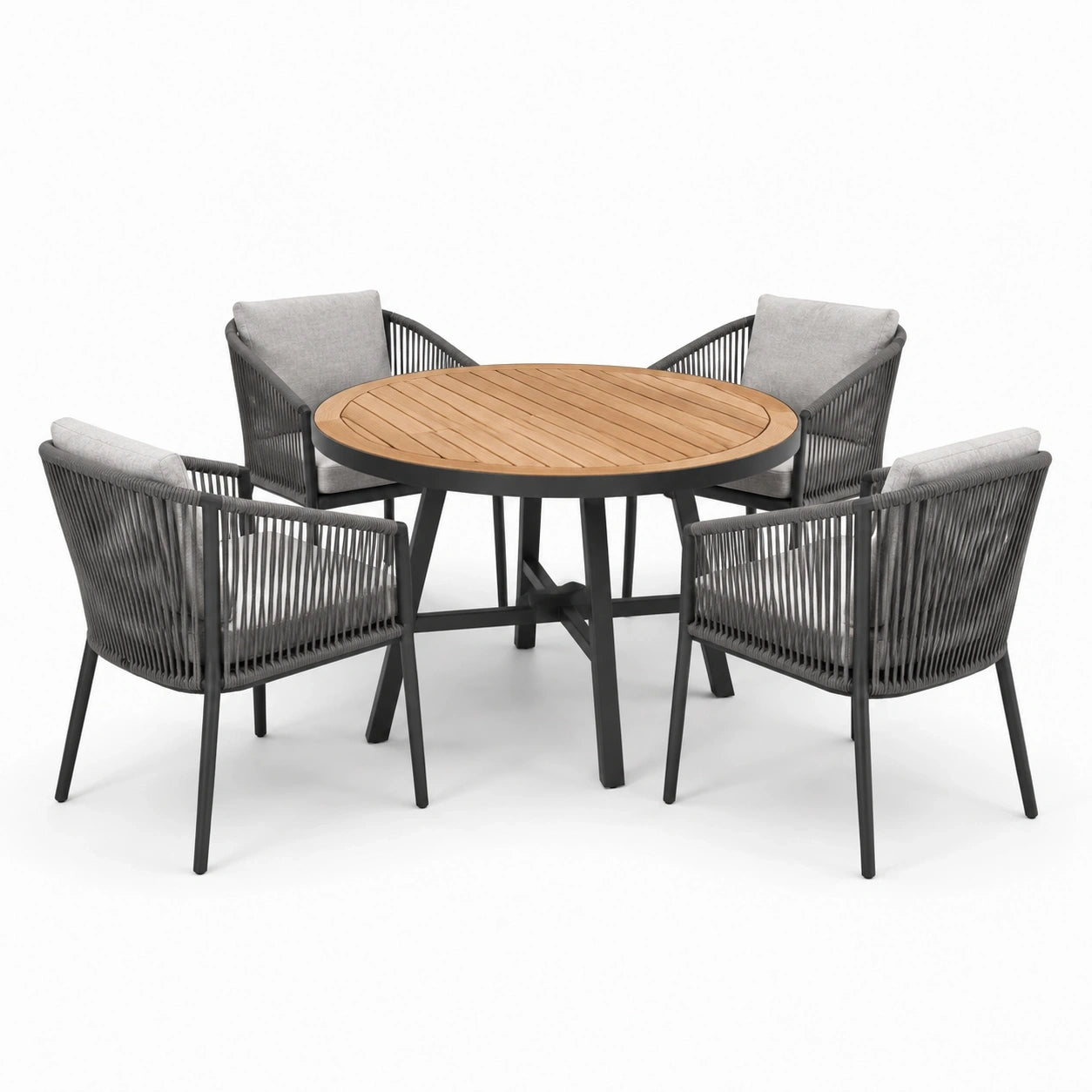 Ensemble repas de jardin 5 pièces avec table ronde 120 x 75 cm et 4 fauteuils 61 x 63 x 83 cm, bois naturel, gris anthracite et gris clair