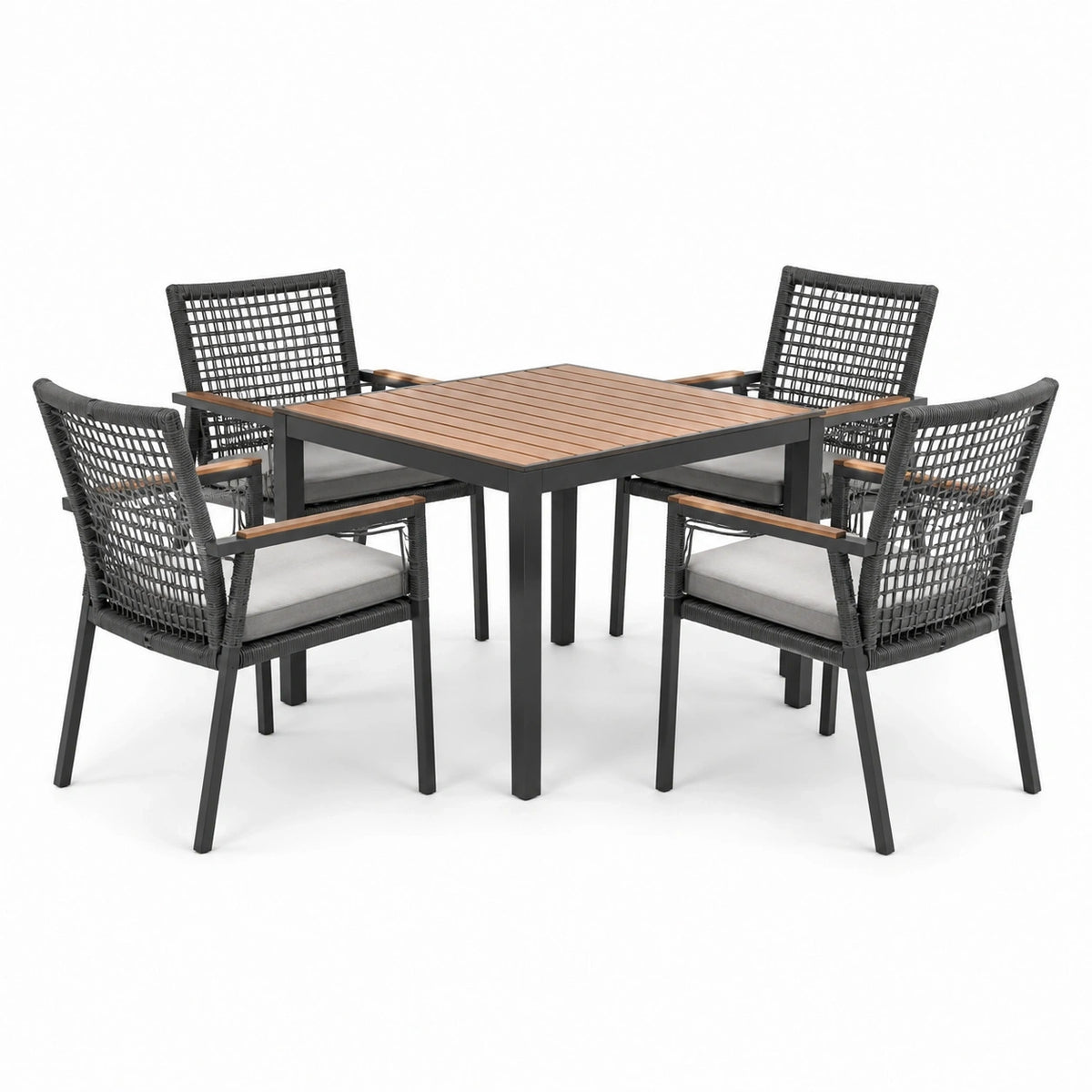Ensemble de jardin 5 pièces noir, gris et marron avec table 90 x 90 x 75 cm et 4 fauteuils 59 x 61 x 87 cm