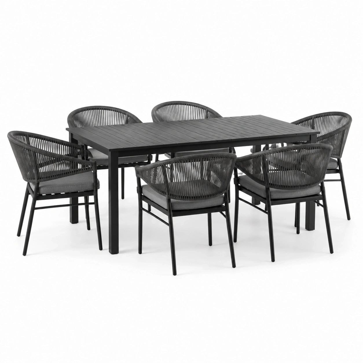 Ensemble extérieur 7 pièces noir et gris avec table 180 x 90 x 75 cm et 6 fauteuils 58 x 60 x 78 cm