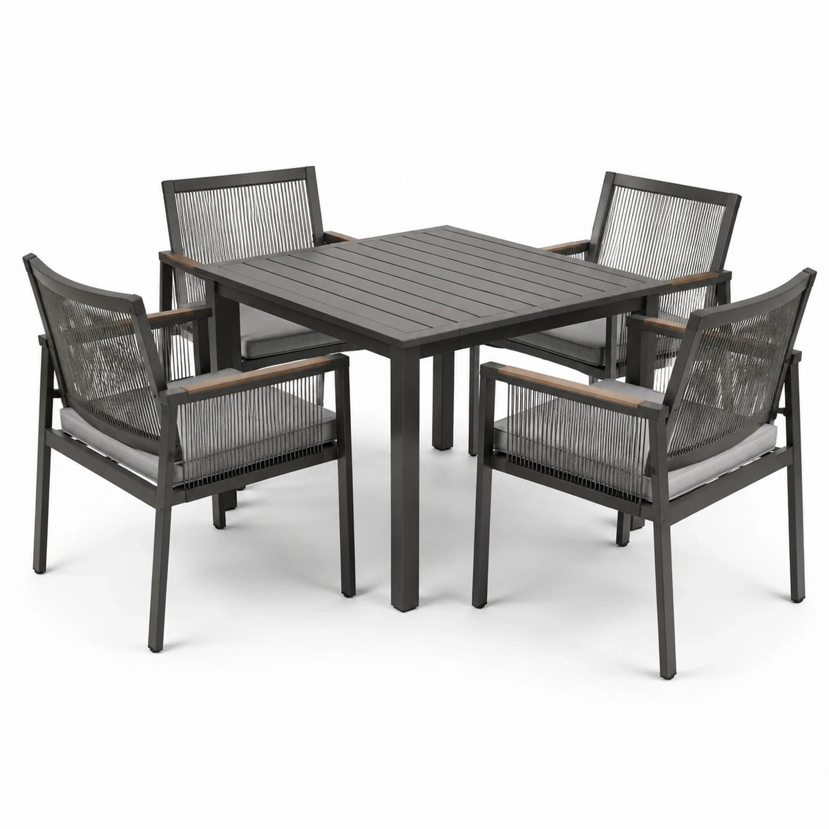 Salon de jardin 5 pièces gris anthracite avec table 100 x 100 x 75 cm et 4 fauteuils 62 x 61 x 87 cm