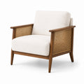 Fauteuil rétro en bois brun avec cannage naturel et tissu bouclé écru, 78 x 82 x 82 cm