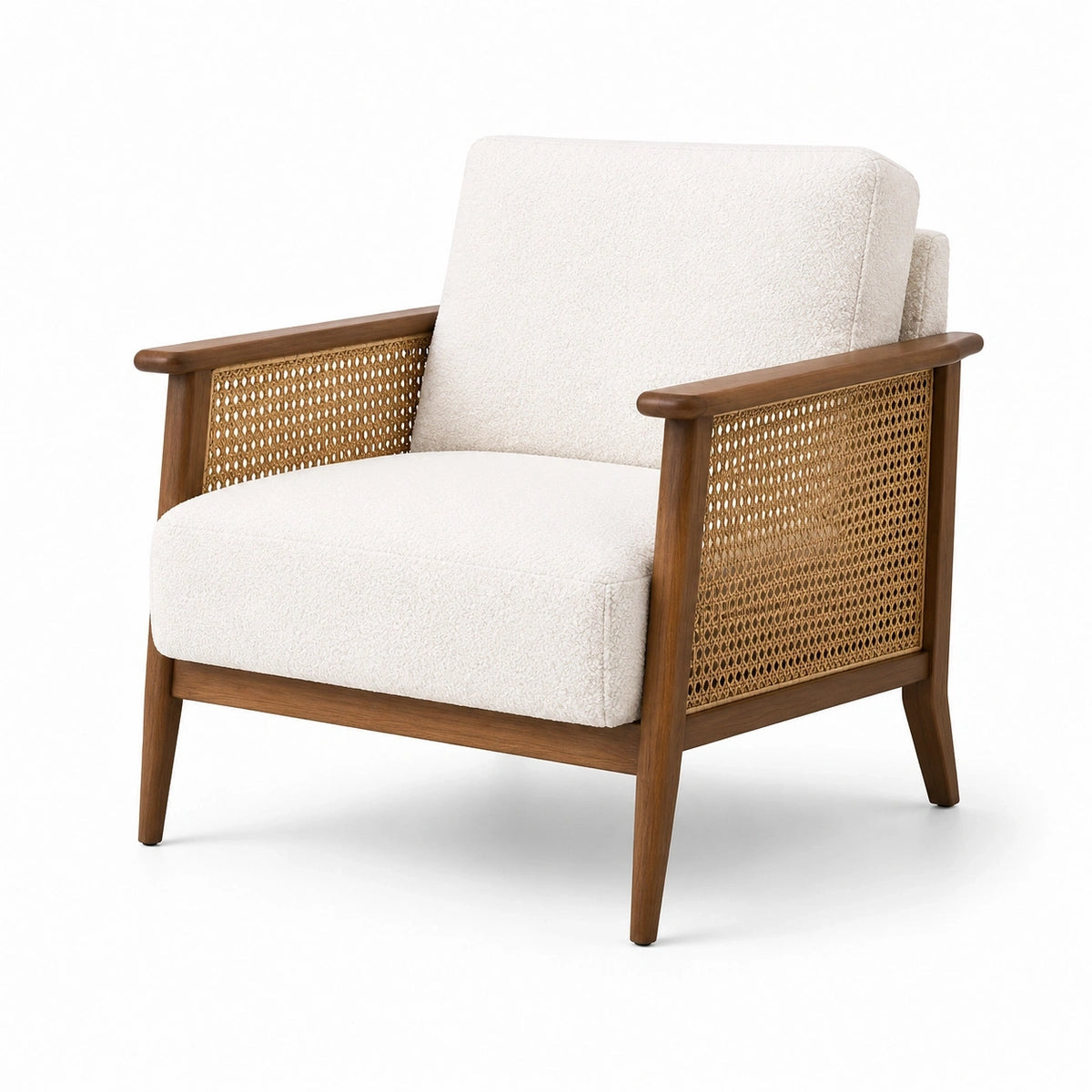 Fauteuil rétro en bois brun avec cannage naturel et tissu bouclé écru, 78 x 82 x 82 cm