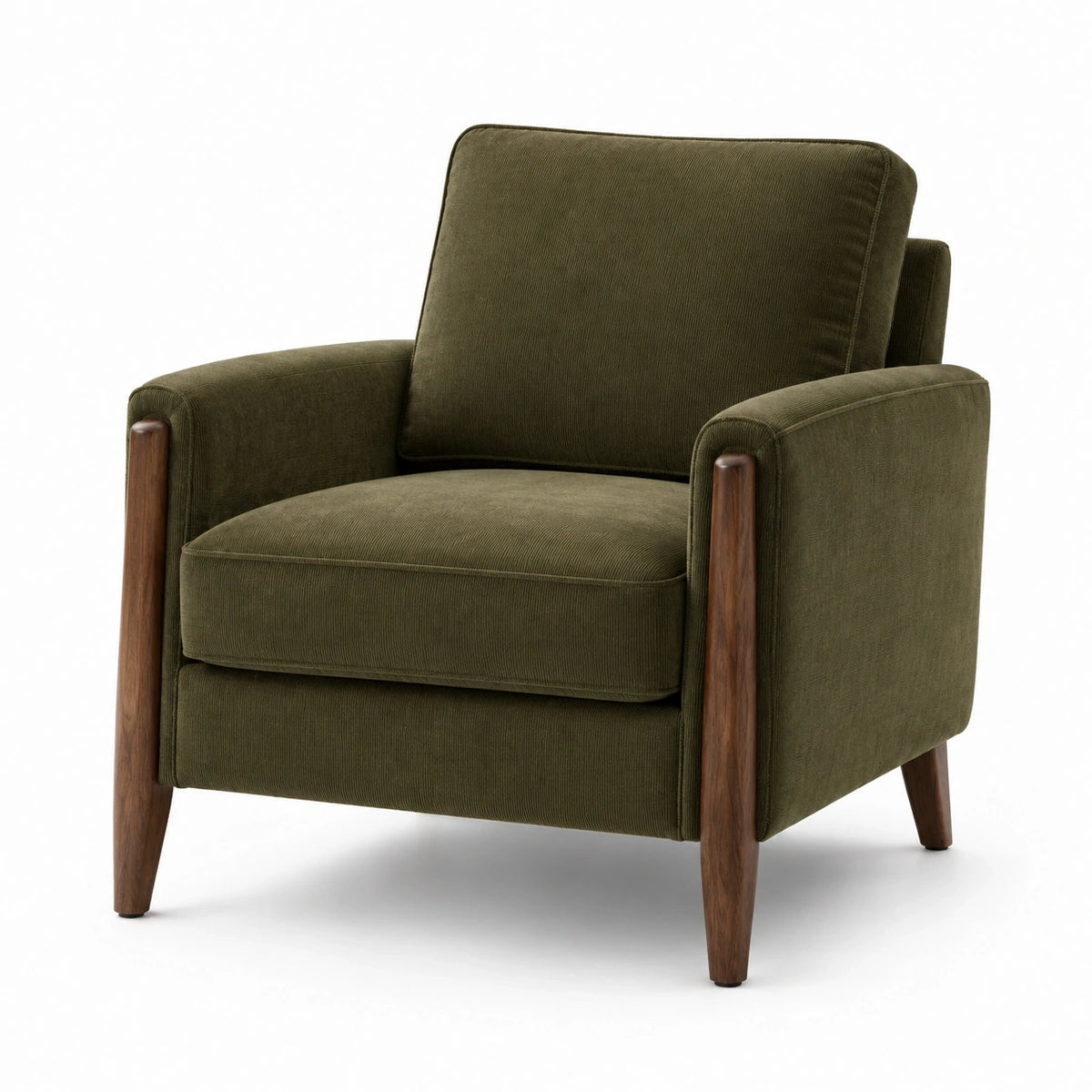 Fauteuil moderne en velours côtelé vert olive et bois marron, 78 x 82 x 88 cm