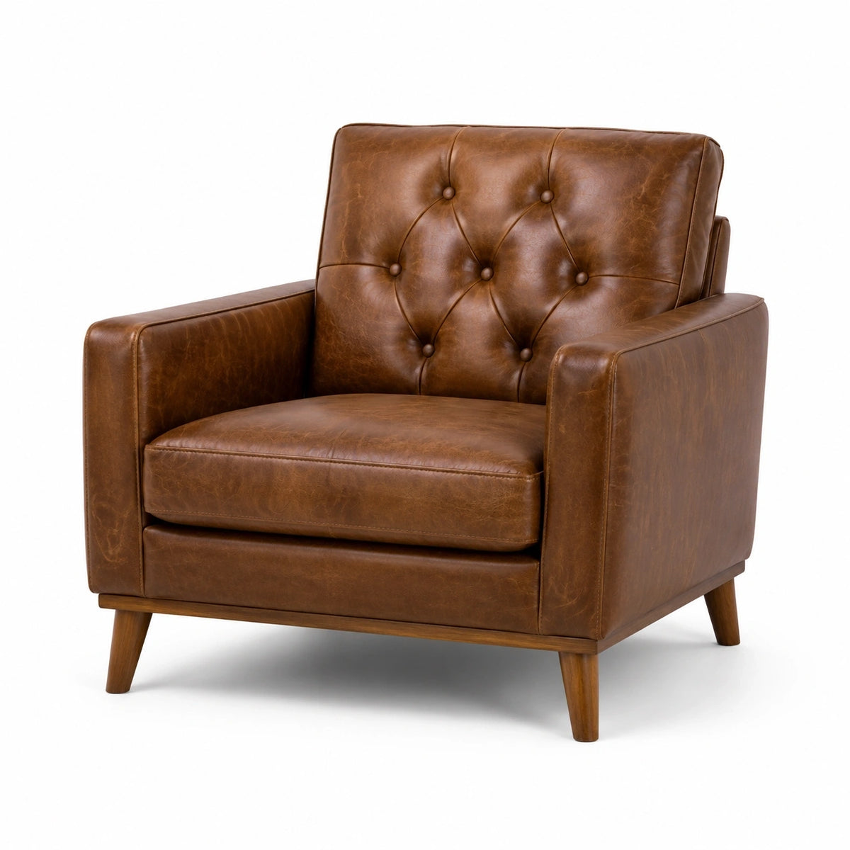 Fauteuil 1 place capitonné en similicuir marron vintage, 90 x 85 x 88 cm