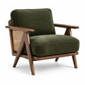 Fauteuil rétro en velours côtelé vert olive, bois brun et cannage naturel, 82 x 78 x 80 cm